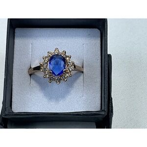 Blue Rhinestone Halo Ring Gold Tone Costume Jewelry Statement Cocktail Size 9
